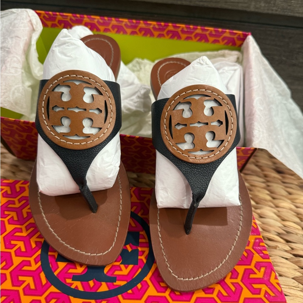 Tory Burch Navy and Brown Louisa Sandals